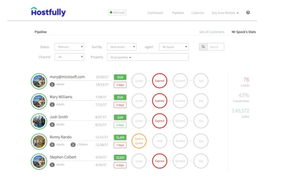 Screenshot of Hostfully’s booking pipeline from their property management software