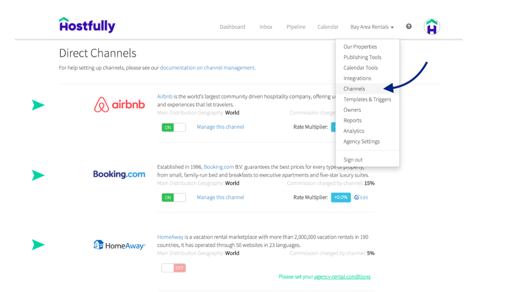 Screenshot of Hostfully’s channel management page listing Airbnb, Booking.com, and HomeAway