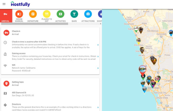 Sample of one of Hostfully’s digital guidebooks with map integration and check-in instructions