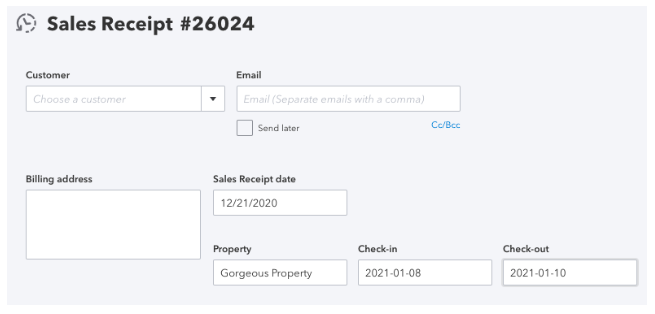 Screenshot of a sales receipt from Hostfully’s Quickbooks integration