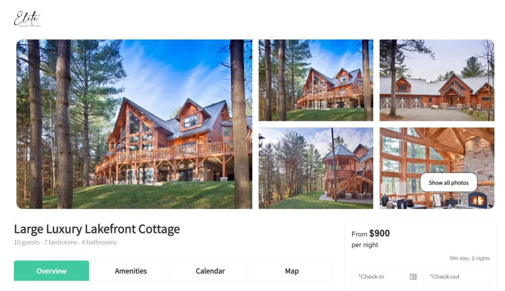 Screenshot of a direct booking site made with Hostfully showing tiled photos of a property