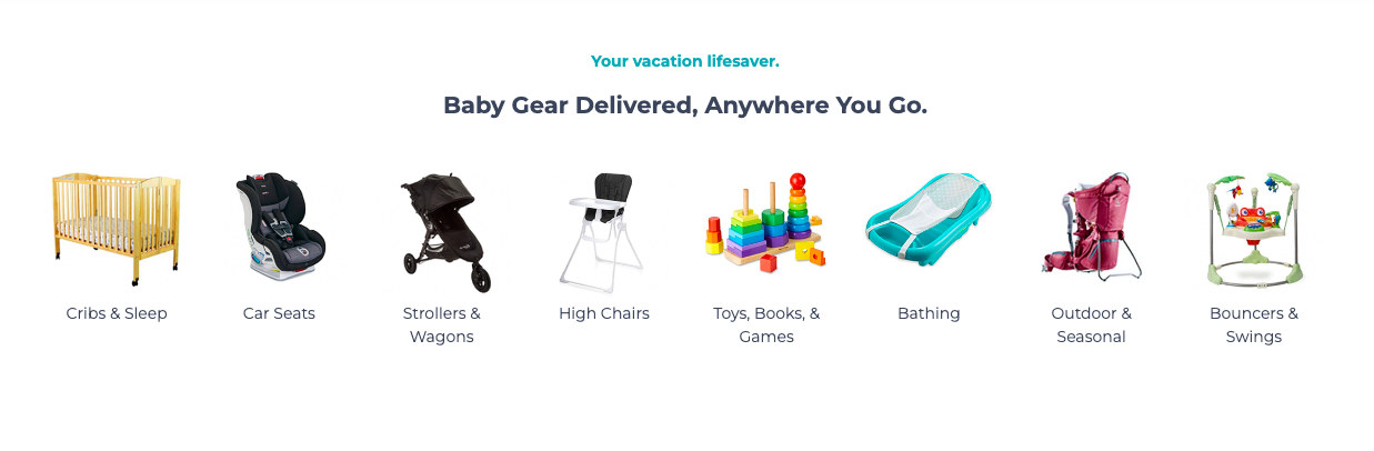 List of different baby equipment for hire with accompanying images