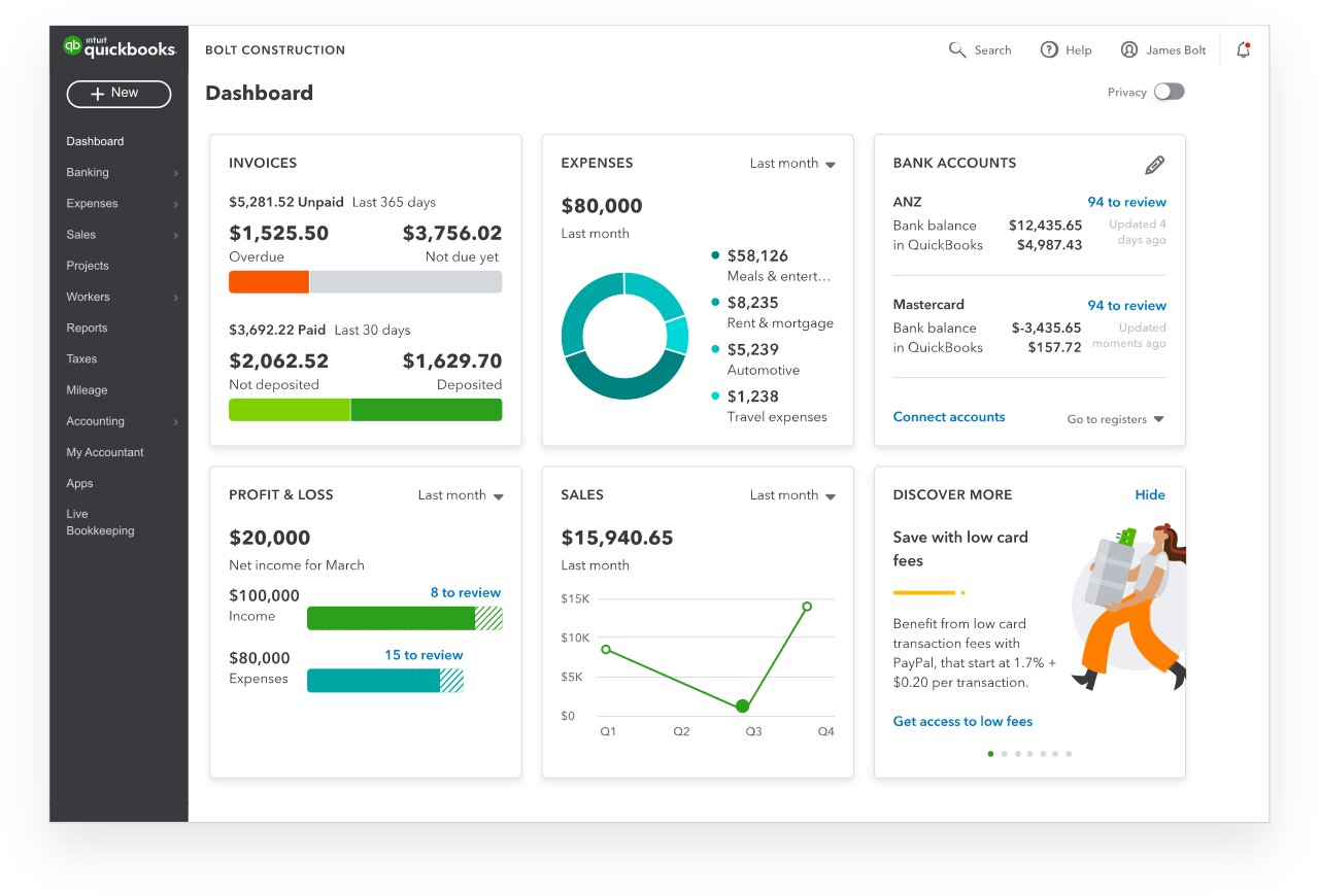 QuickBooks Online accounting software sample dashboard