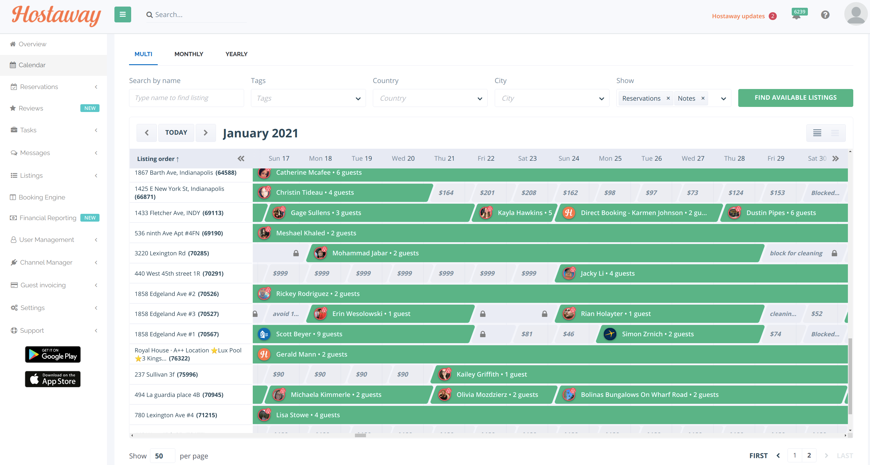 Hostaway calendar showing availability for different listings