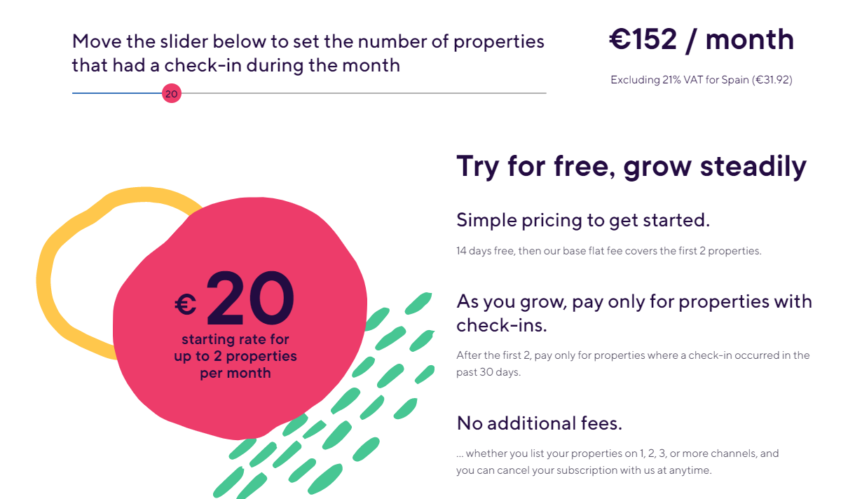 Hospitable pricing shown on a sliding scale and based on 20 properties