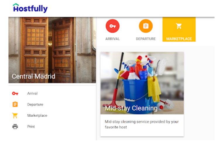 Hostfully marketplace showing mid-stay cleaning upsell option