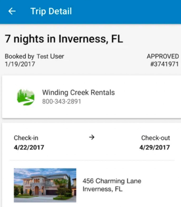 LiveRez trip detail with check-in and check-out dates