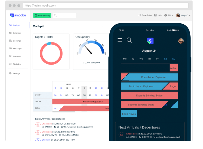 Smoobu dashboard and mobile app view of bookings