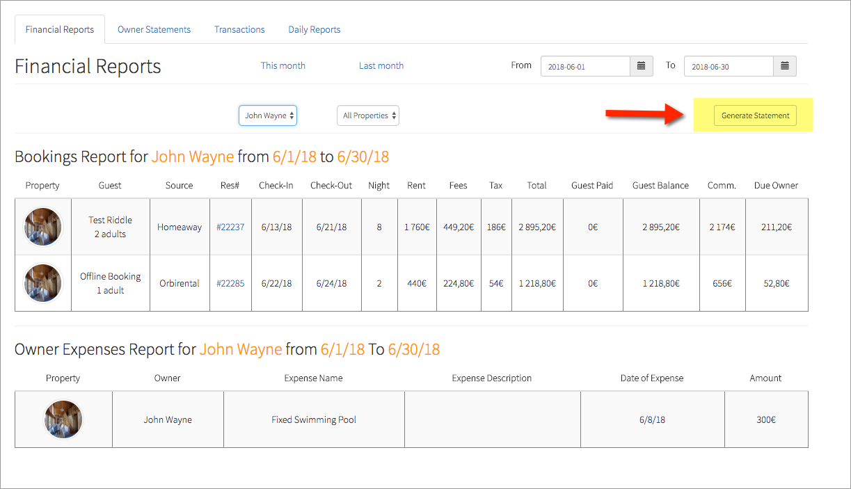 Hospitable Alternatives A screenshot of Hostfullys Owner financial reports