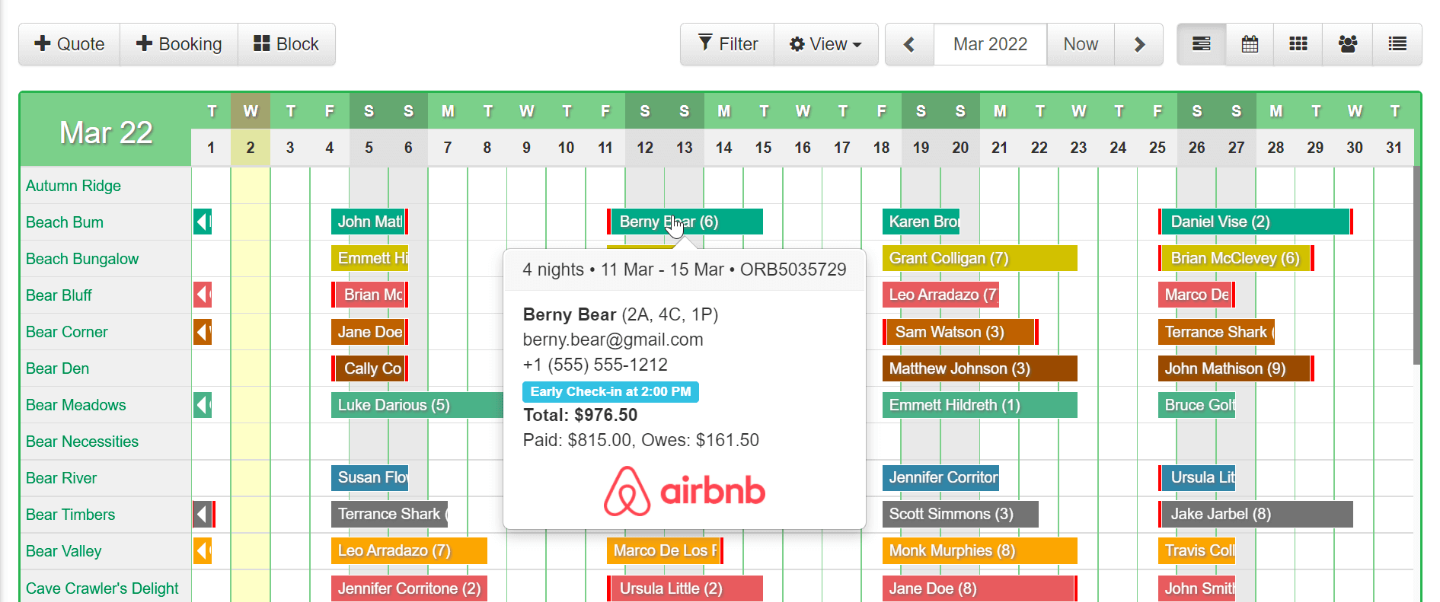 OwnerRez’s booking pipeline showing a reservation through Airbnb.