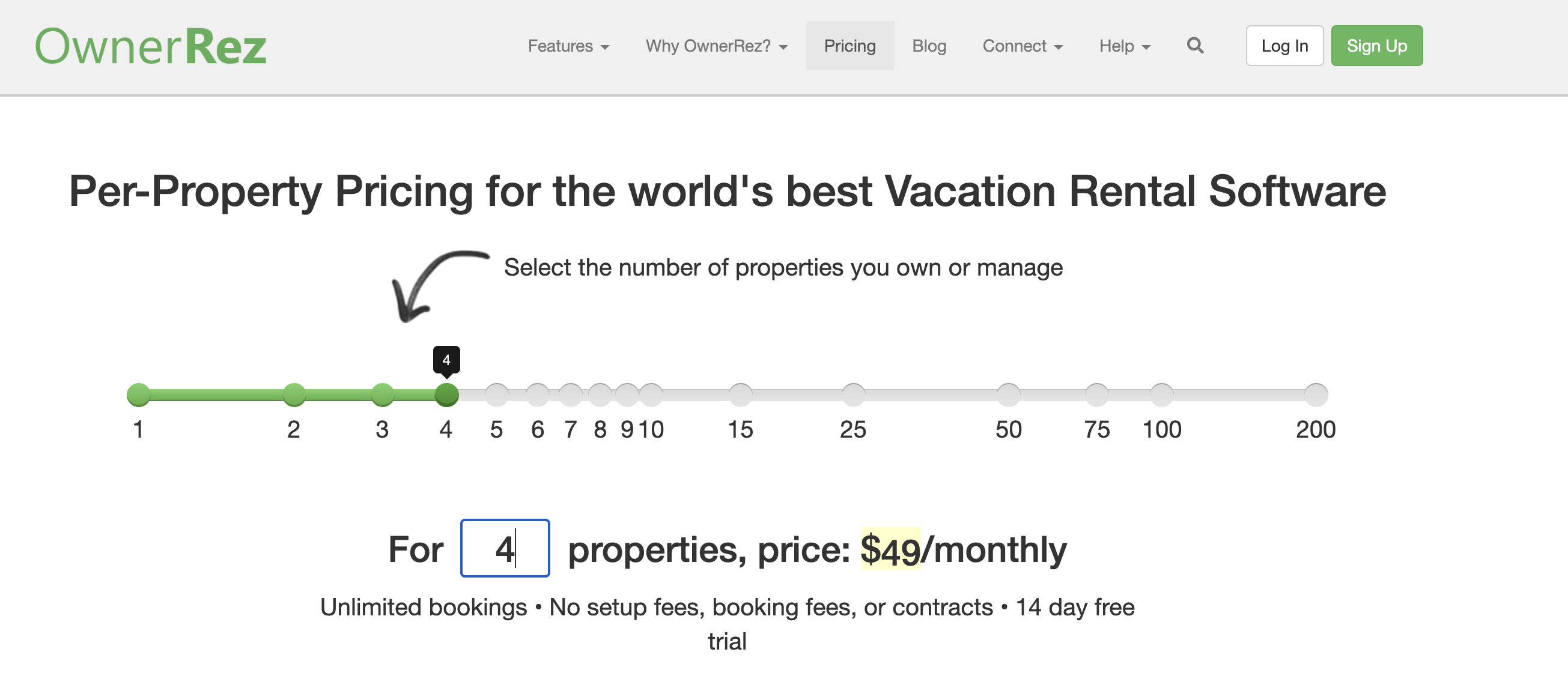 OwnerRez’s sliding scale showing an amount of $49 for four properties