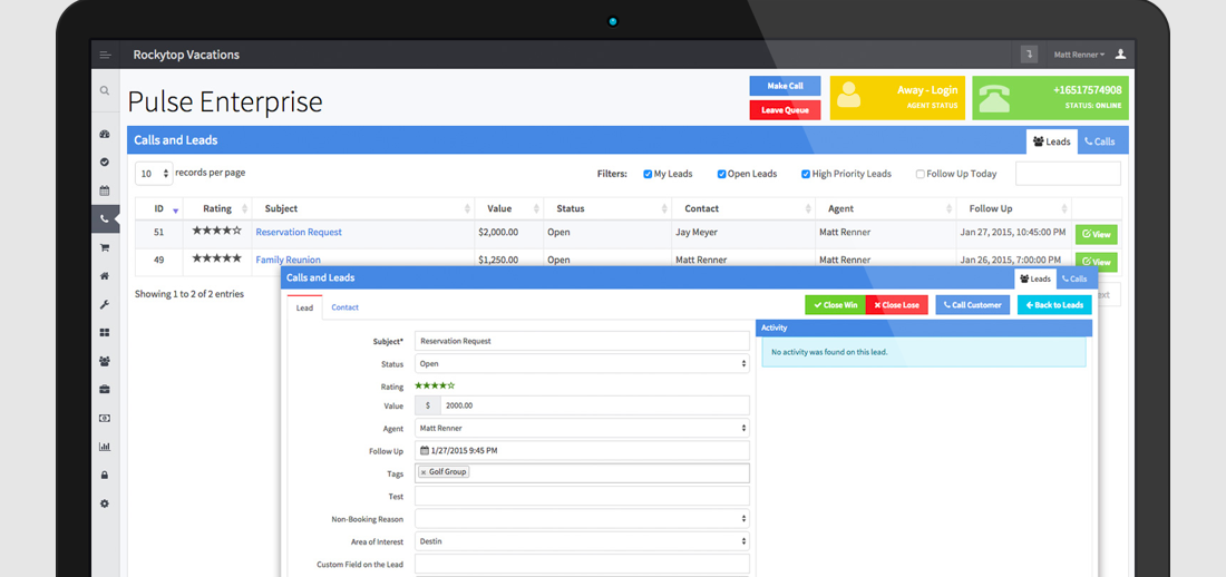 Track’s CRM with an overview of calls and leads