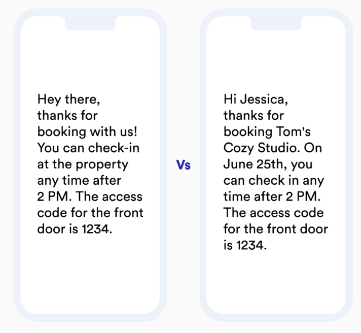 Two cell phone screens showing automated guest messages