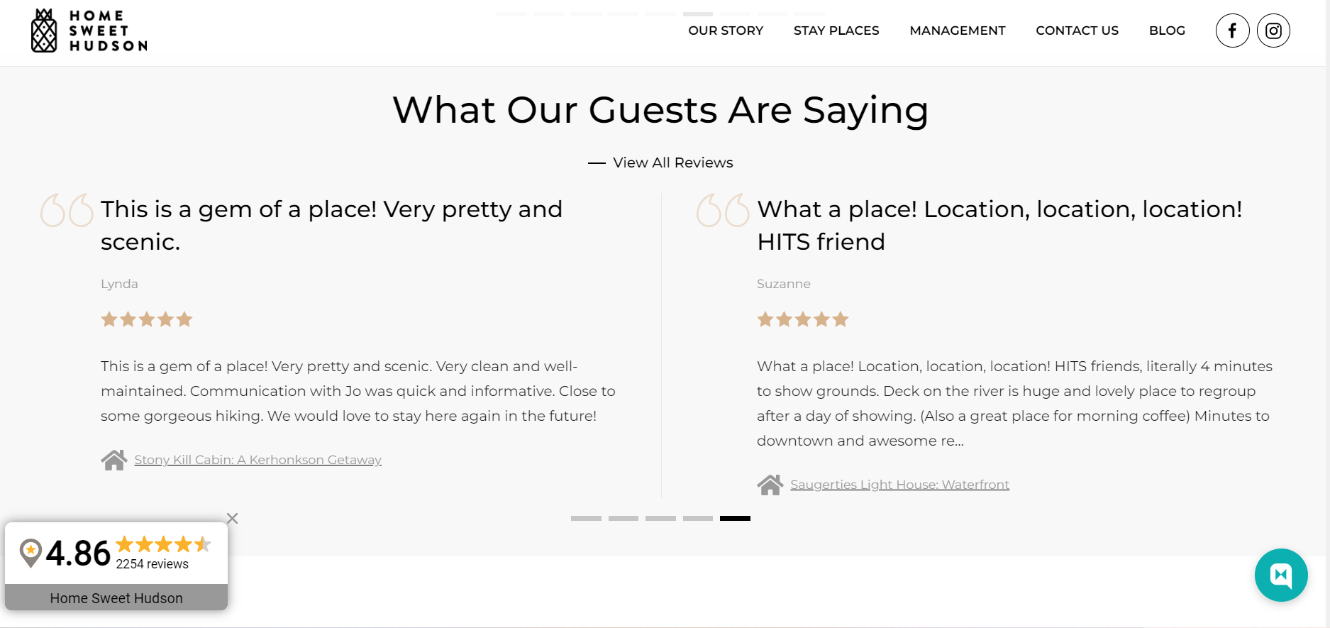 Two guest reviews displayed on the homepage of Home Sweet Hudson vacation rentals