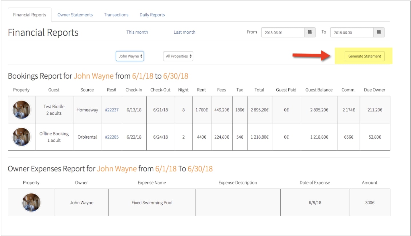 Screenshot of Hostfully Financial Reports