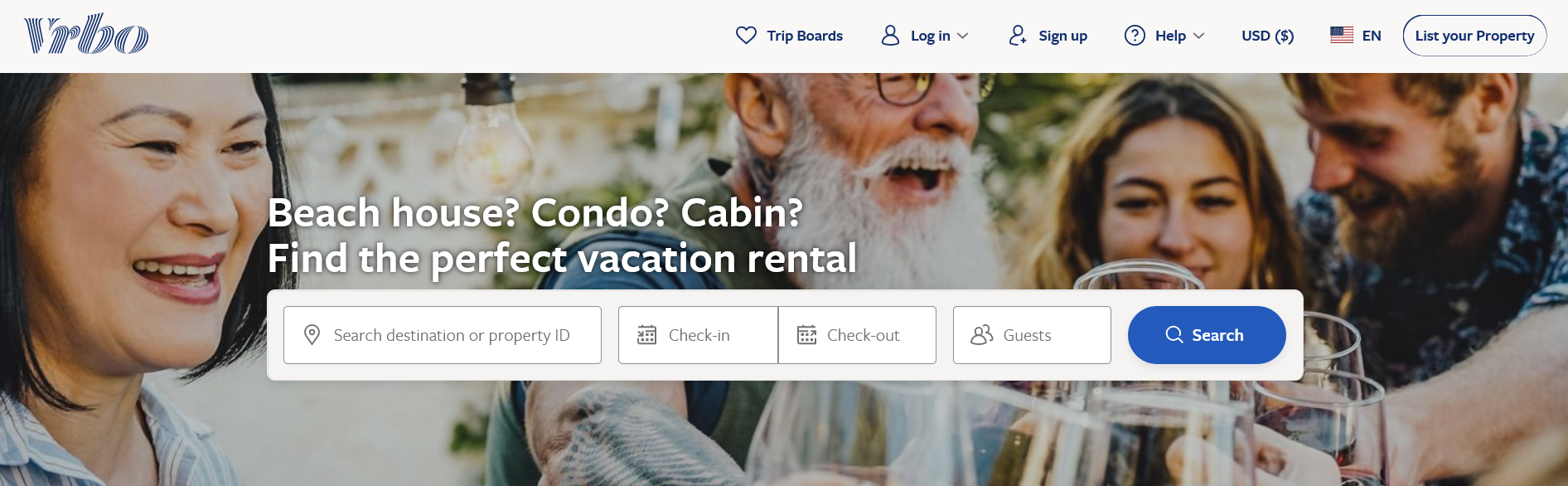 Vrbo's homepage competes with Airbnb