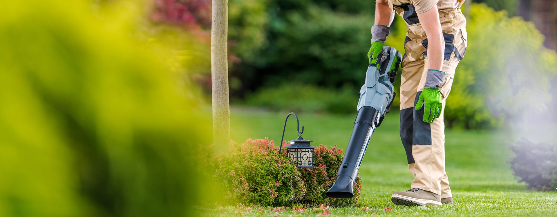 Person using a leaf blower on a grass lawn