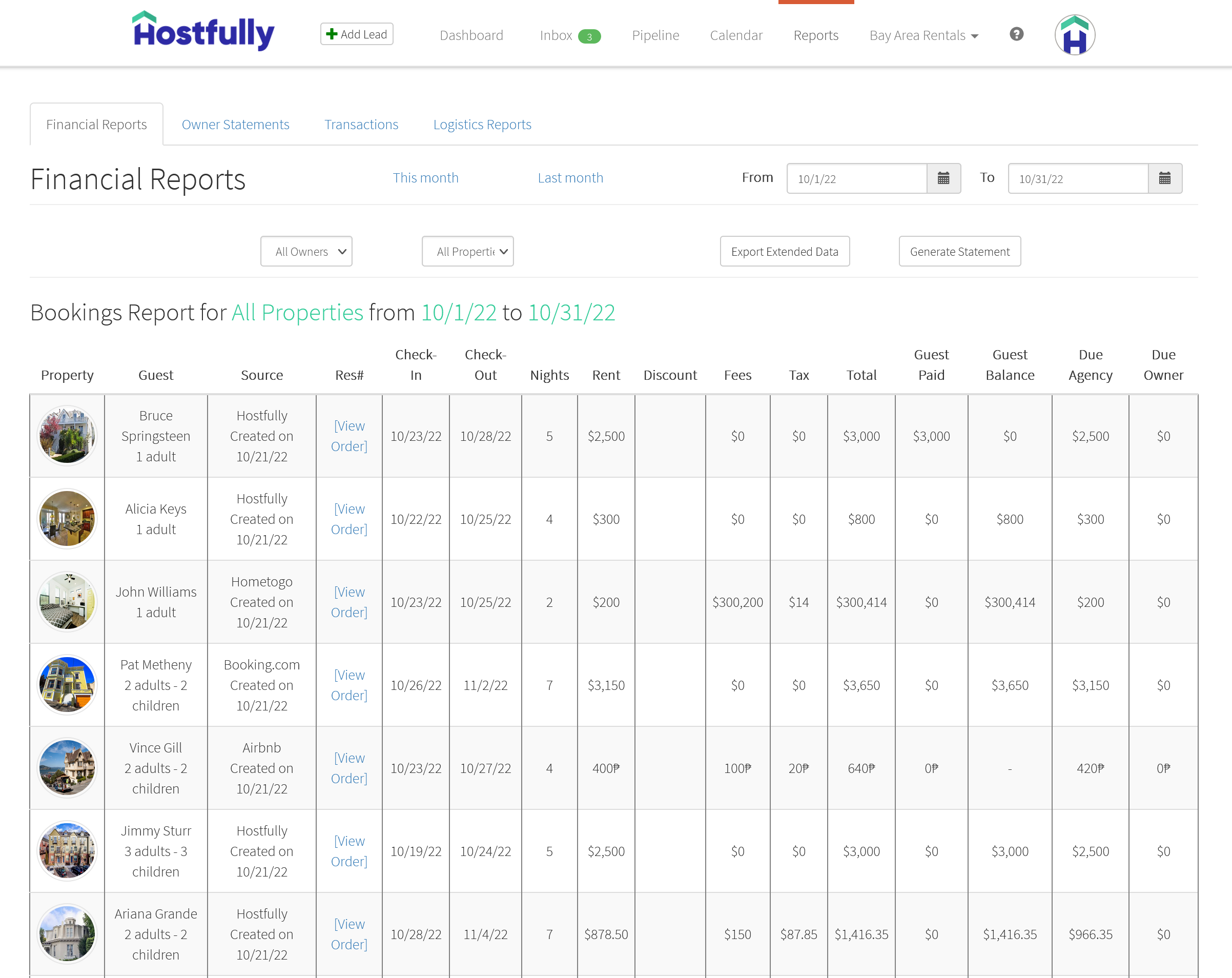 Hostfully’s owner financial reports feature showing the status of booking and owner expenses reports