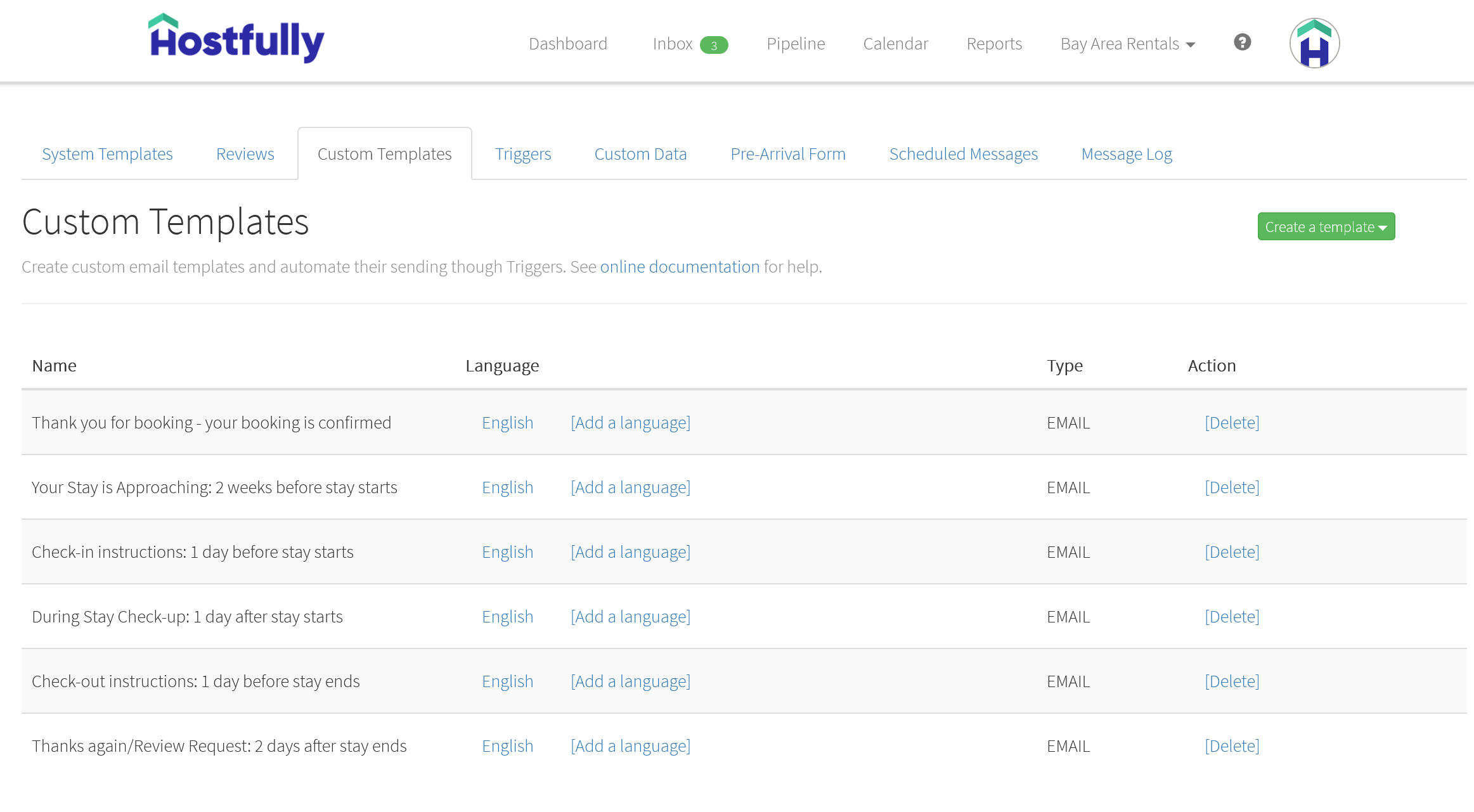 Hostfully’s automated messaging feature showing the status of vacation rental prospects