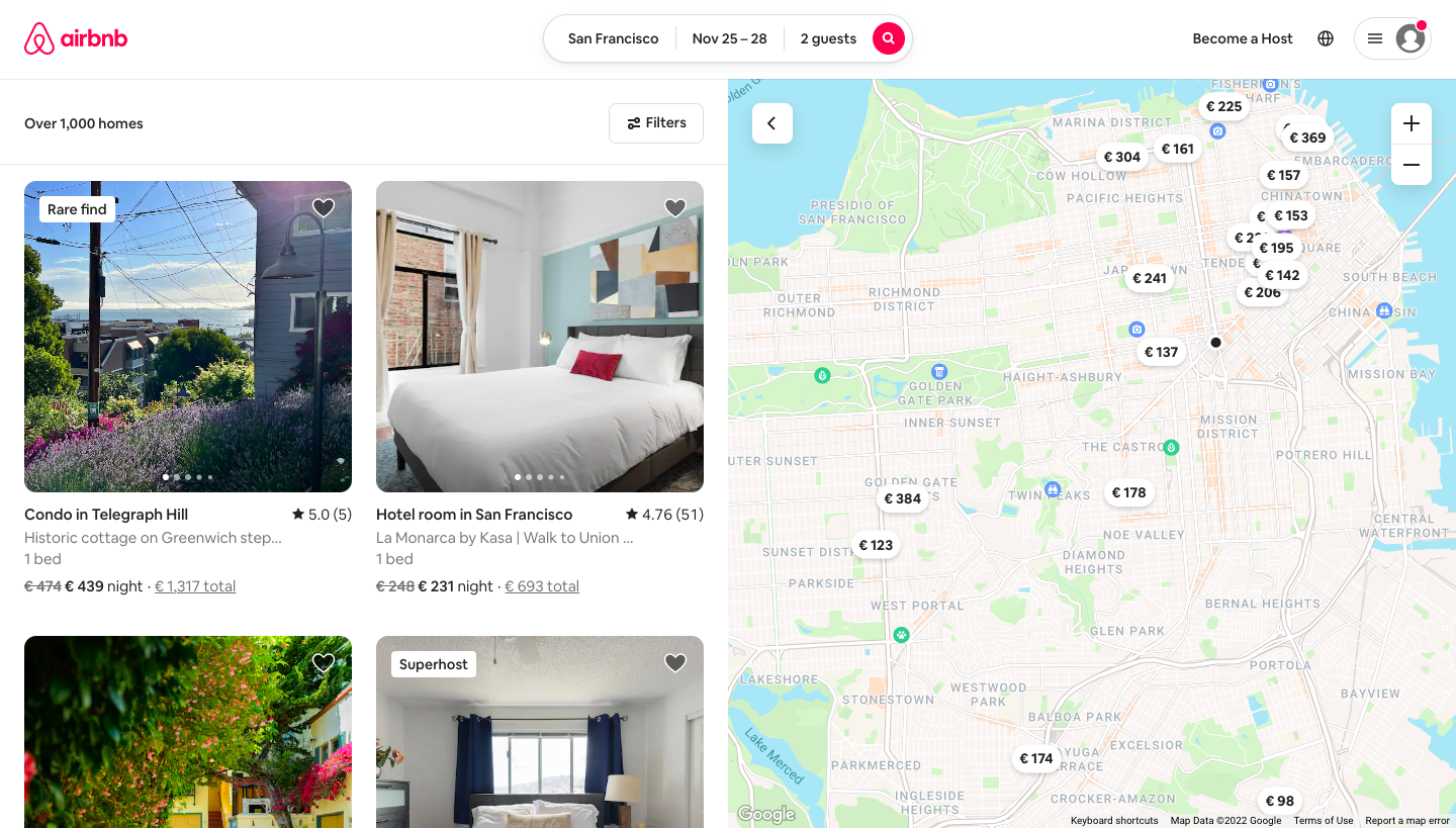 Screenshot of an Airbnb listing page with a map and tiled listings