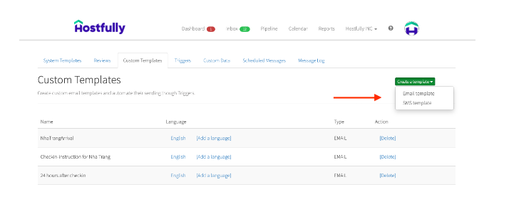 Custom template dashboard on Hostfully showing where to find email templates