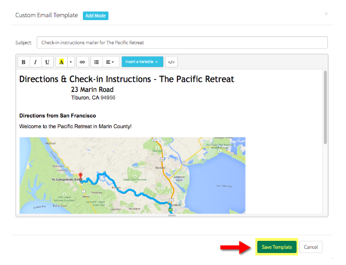 Custom template for check-in instructions with a map