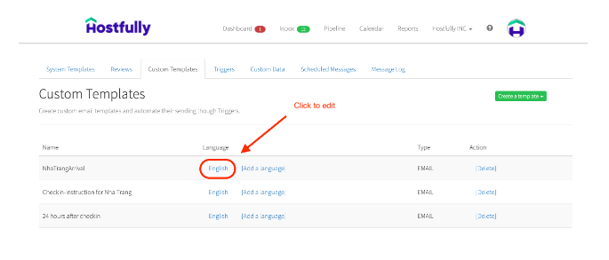 Custom templates dashboard on Hostfully showing how to edit language