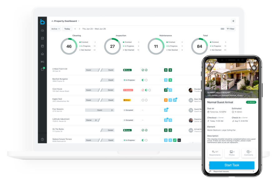 Breezeway dashboard and mobile app showing cleaning and maintenance schedules and booking information