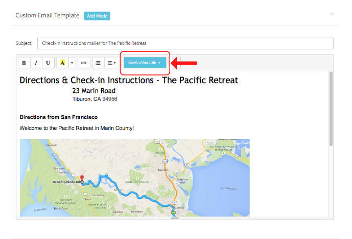 Custom template for check-in instructions with a map