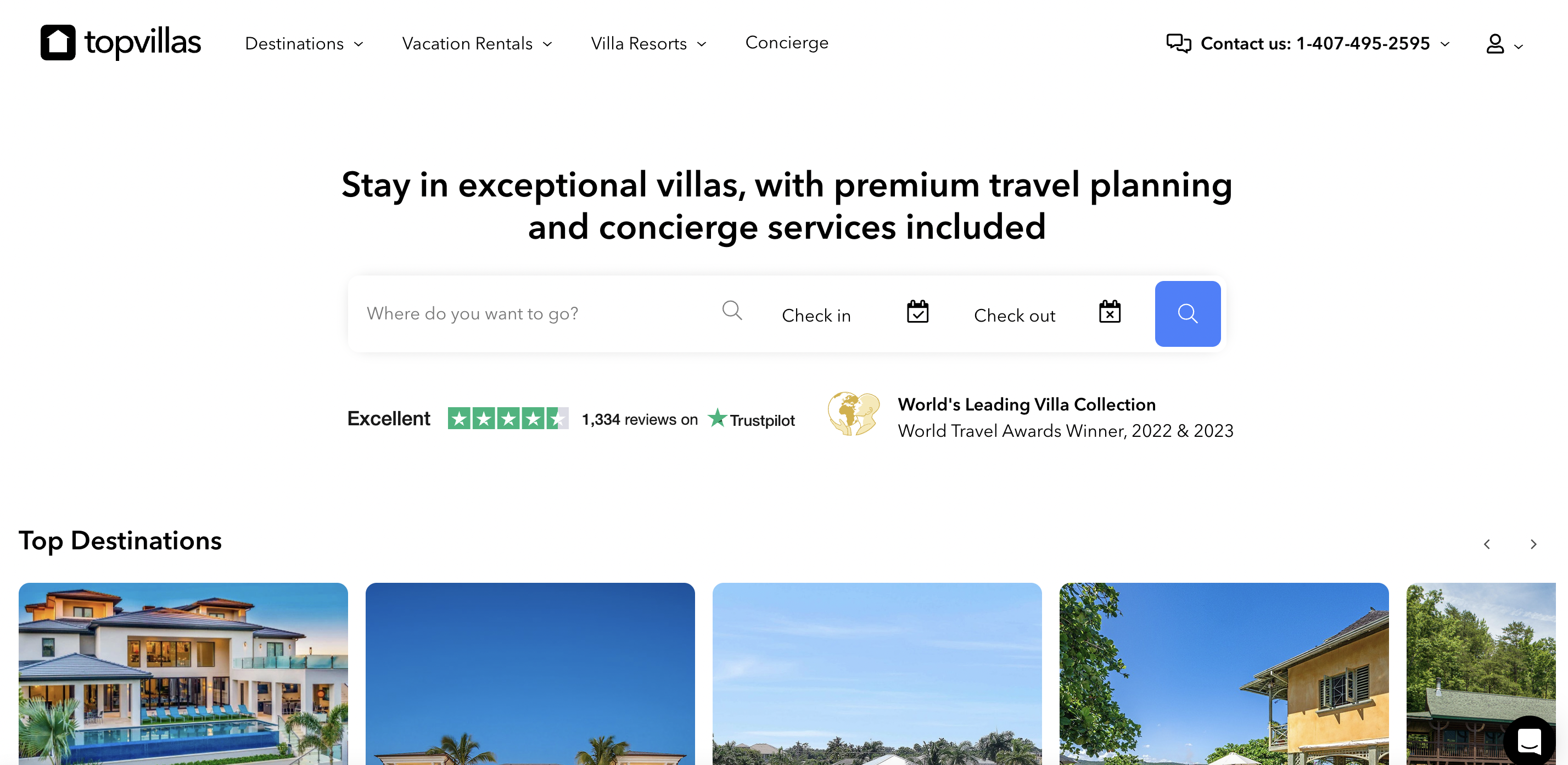 Top Villa's, a luxury vacation rental site, homepage