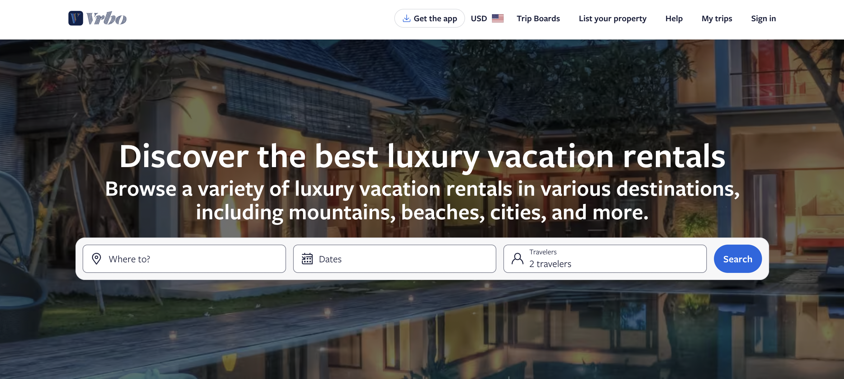 A screenshot of the Vrbo homepage showing a search interface for luxury vacation rentals with fields for destination, dates, and number of travelers.