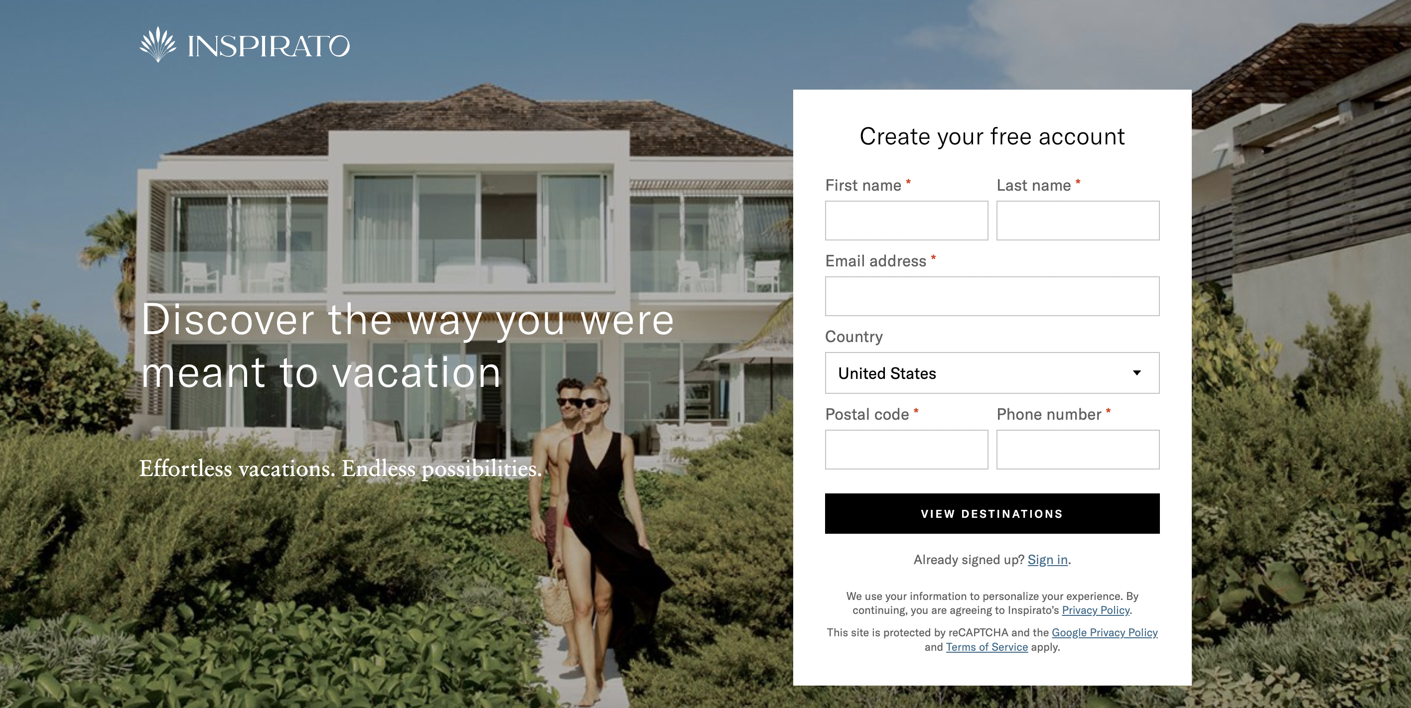  A screenshot of the Inspirato homepage with a luxury vacation property in the background. 