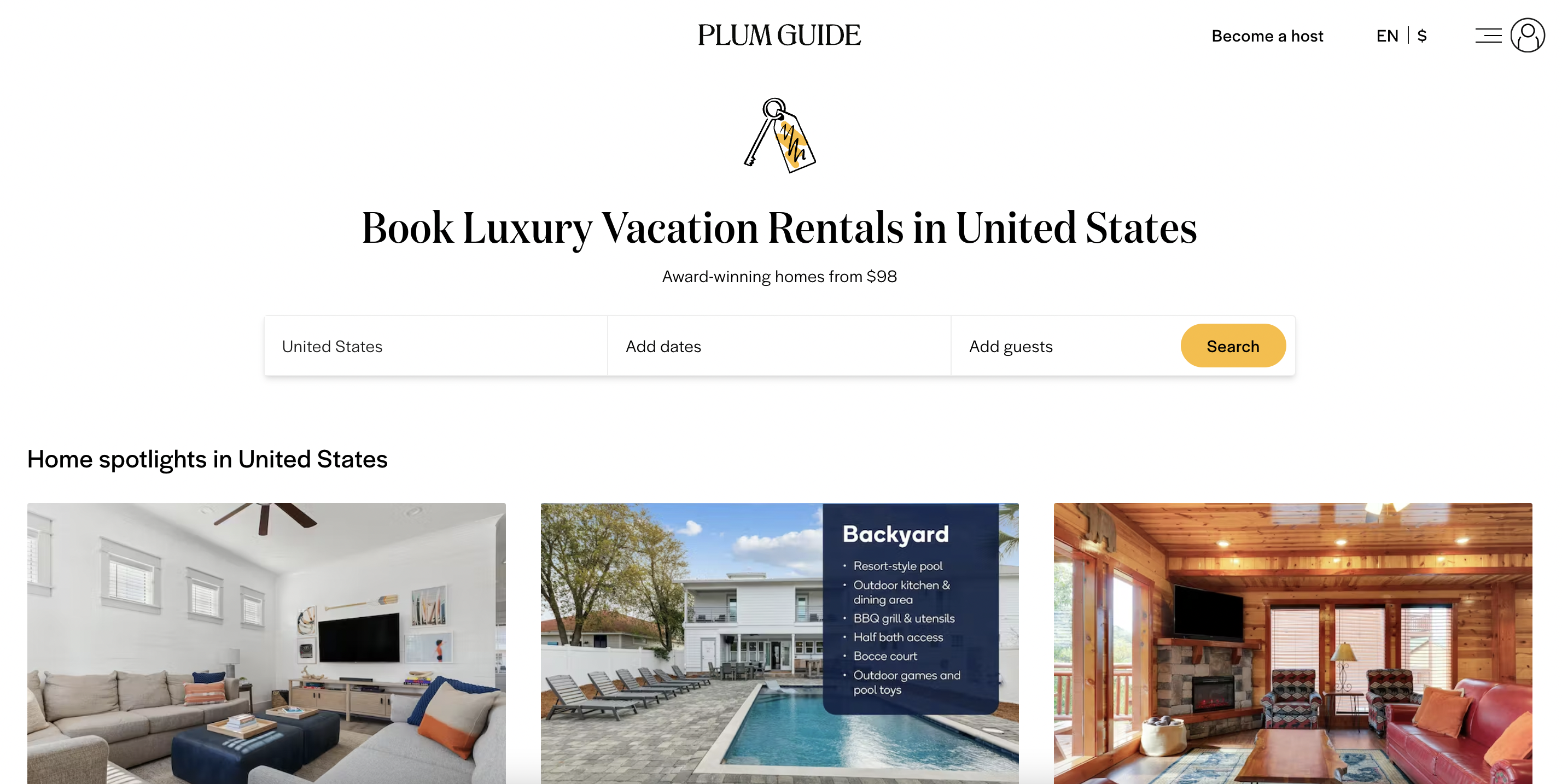 A screenshot of the Plum Guide homepage featuring a search interface for booking luxury vacation rentals in the United States. 