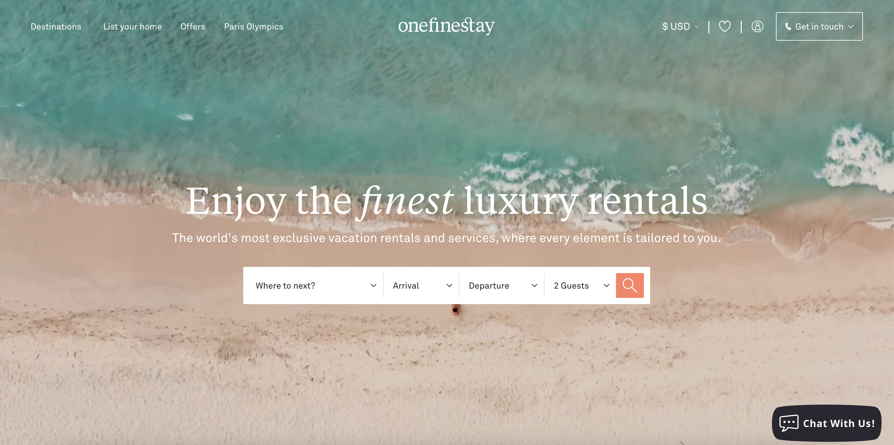 A screenshot of the OneFineStay homepage with a beach background and a search interface for luxury vacation rentals, including fields for destination, dates, and number of guests.