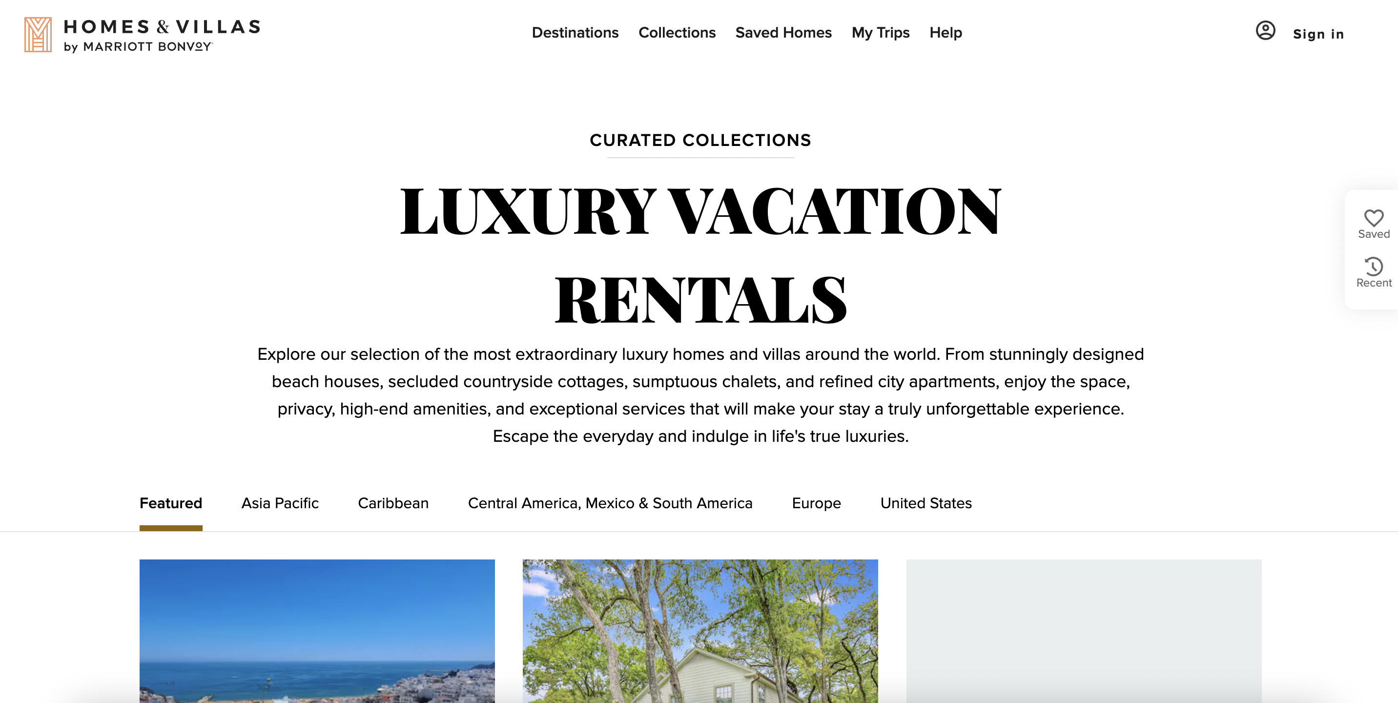 A screenshot of the Homes & Villas by Marriott Bonvoy homepage