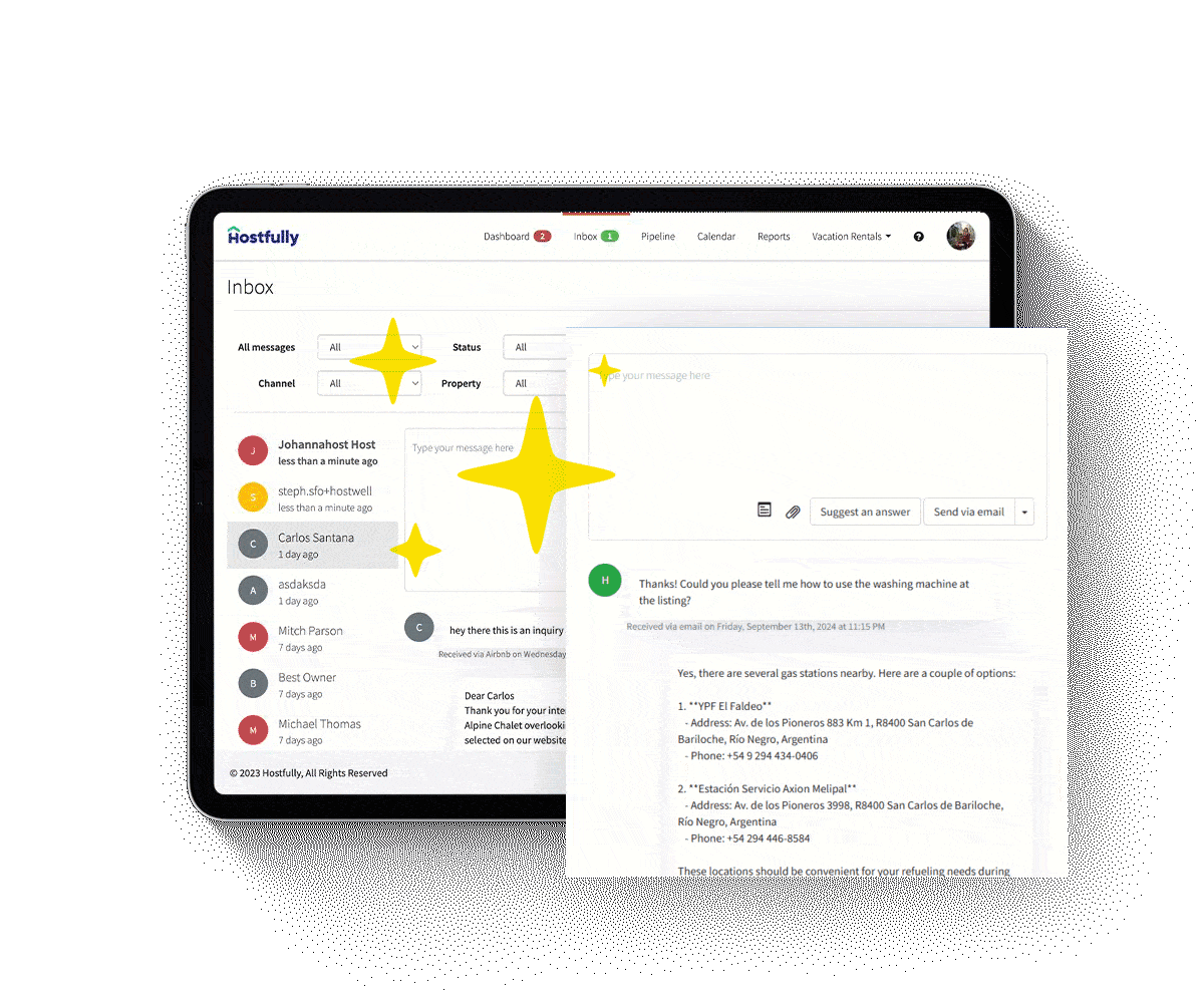 hostfully property management platform features FlashAI artificial intelligence AI messaging agent unified inbox