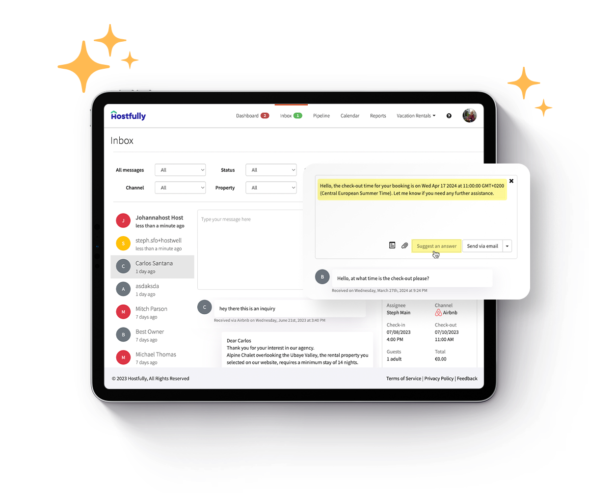 hostfully property management platform features FlashAI artificial intelligence AI messaging agent unified inbox